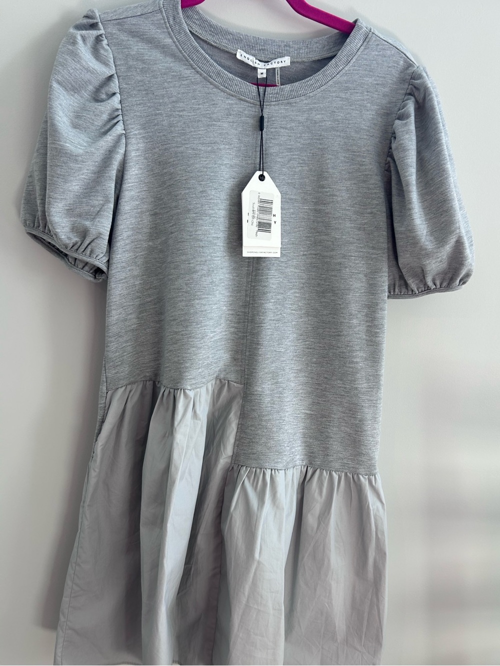 English Factory Girls' Gray Puff-Sleeve Tiered Dress-M